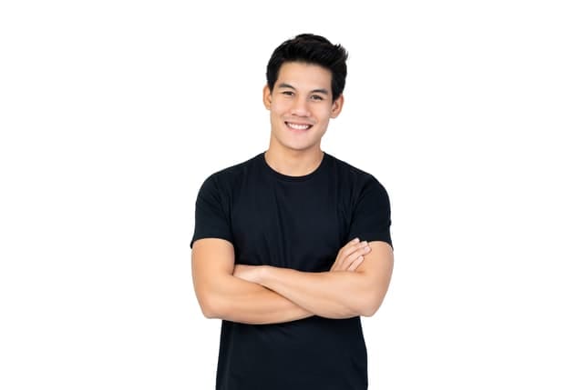 a portrait of a young Asian man wearing a black T-shirt